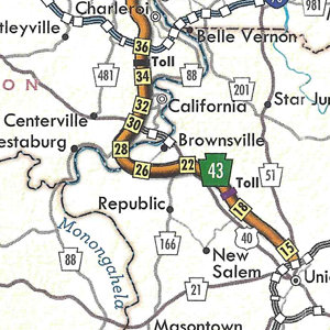 Map showing the completed section of the Mon-Fayette Expressway (PA Turnpike 43) between US 40 and PA 88.