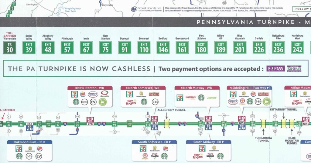 A notice on the 2020 Turnpike map that the system was now cashless.