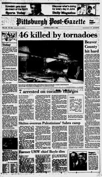 Front page of the June 1, 1985 edition of the Pittsburgh Post-Gazette