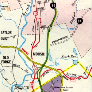 Cancelled route of Interstate 84 in Scranton inset