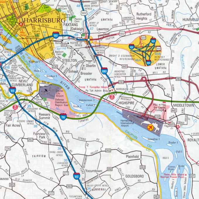 Location of Three Mile Island in relation to Harrisburg and the state capitol
