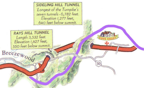 Map of the abandoned Turnpike near Breezewood