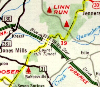 Laurel Hill Bypass indicated as under construction on the 1964 official state map