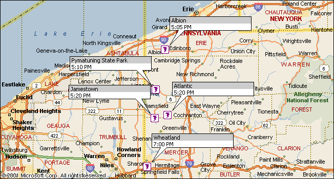 Areas hit and the times the tornadoes struck