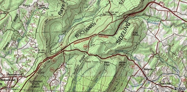Location of the Rays Hill Tunnel, Sideling Hill Tunnel, and abandoned Turnpike