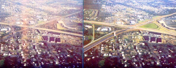 Current I-276/I-95 crossing at the left and conceptual drawing of the future I-276/I-95 interchange