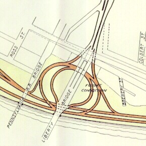 Drawing of the proposed interchange between the Pitt Parkway and Crosstown Boulevard