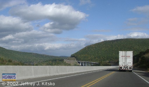 Northbound approaching the Mill Creek bridge with construction of the southbound
