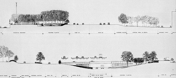 Cross-sections of the layout of the Vine Street Expressway