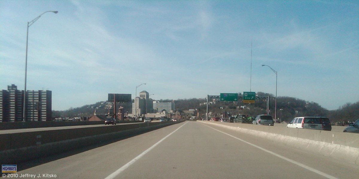 Crossing the Veterans Bridge and approaching the Interstate 279 and PA 28 interchange.