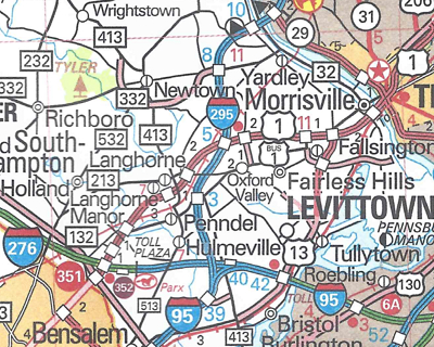 The I-95/I-295 interchange with the Pennsylvania Turnpike and I-295 are shown on the 2019 official road map