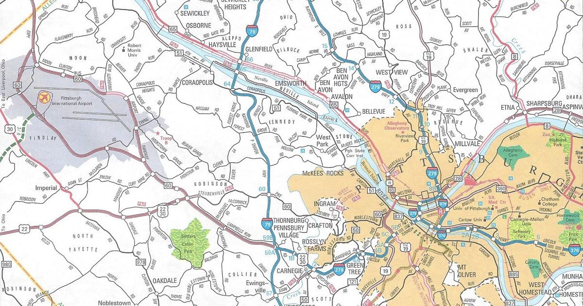Map of the routes between Pittsburgh International Airport and downtown prior to extending Interstate 376.