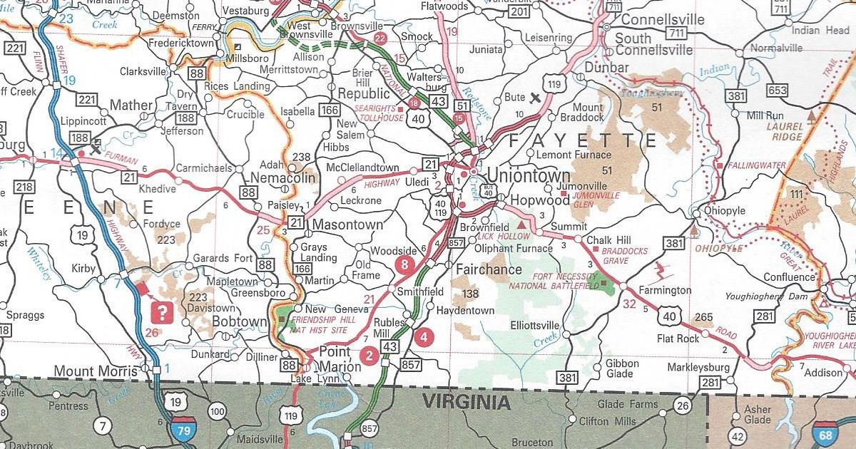 PA Turnpike 43 from the West Virginia state line to Exit 2 and the US 119/PA 51 interchange shown as completed on the 2011 official turnpike map