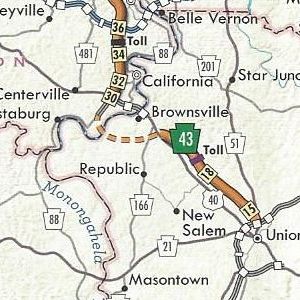 PA Turnpike 43 completed from Exit 15 to Exit 22 and under construction from there to PA 88 on the 2011 official turnpike map