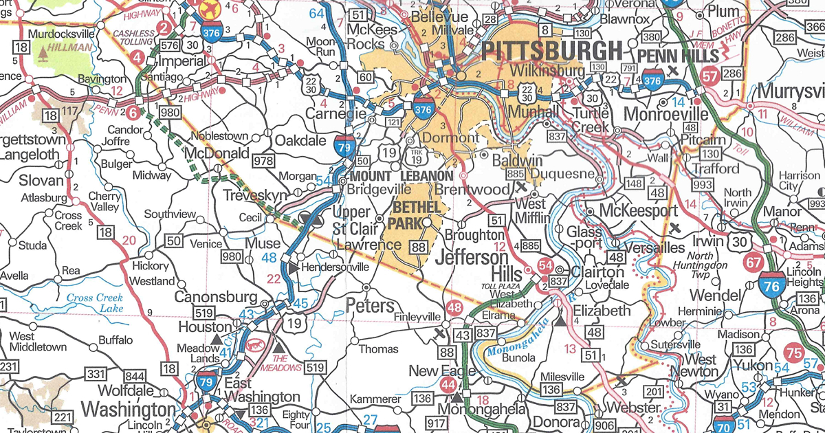 PA Turnpike 576 between US 22 and Interstate 79 is shown under construction on the 2019 official road map