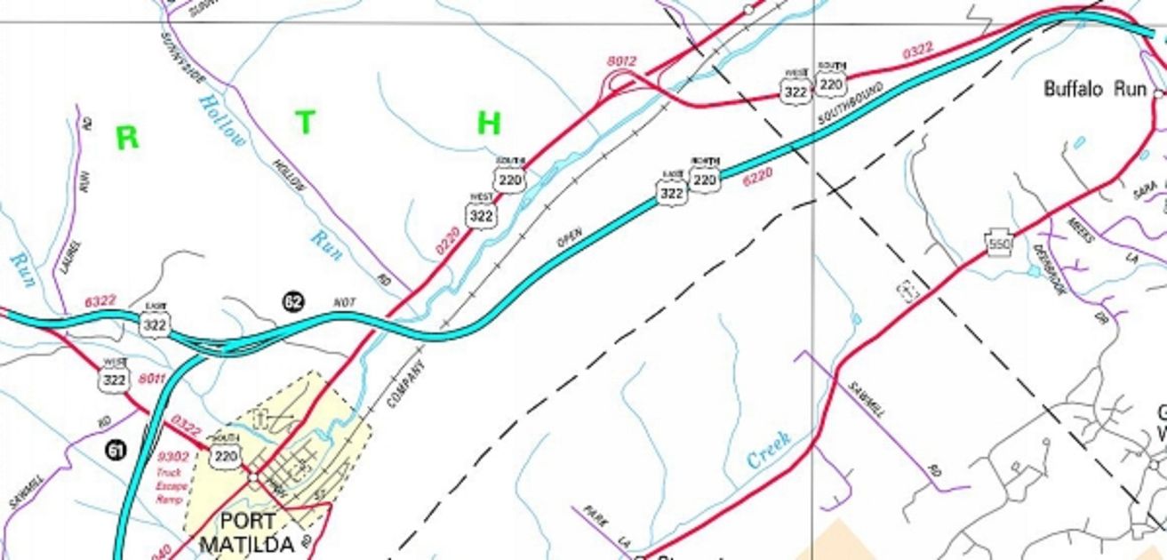 Routes of US 220 and US 322 as remediation of acid rock was winding down and Interstate 99 finally opens.