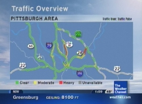 Screenshot of with roads on television during The Weather Channel's "Local on the 8's" segment.