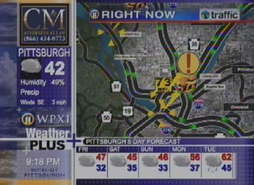 Screenshot of WPXI-TV's Weather Plus channel with roads on television.