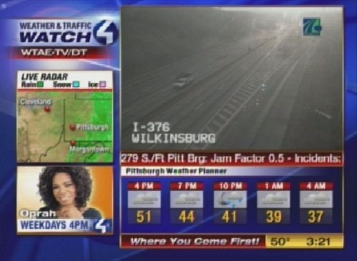 Screenshot of WTAE-TV's Weather & Traffic Watch 4 channel with roads on television.