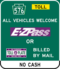 PA Turnpike 576 E-ZPass or PA Turnpike BILL BY PLATE Accepted sign