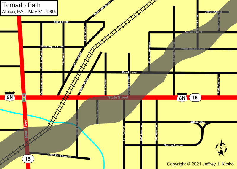 Map of the path of the Albion tornado through the borough