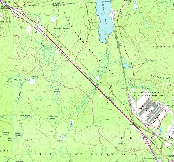 Map showing the former path of US 611 in Monroe County from 1973