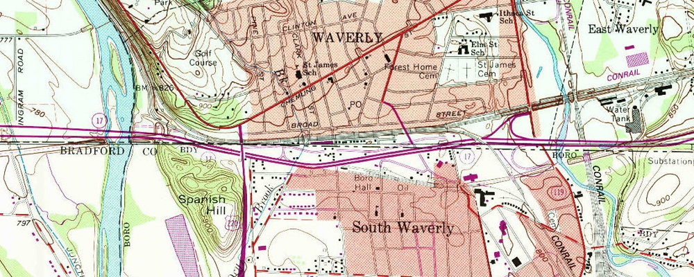 Map showing the former railroad line through South Waverly that was proposed to be used by NY 17