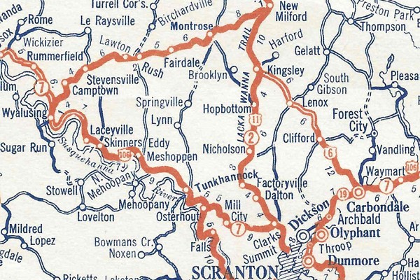 Map showing the proposed route of US 106 between Wyalusing and Carbondale from 1927
