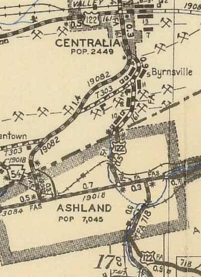 Map of US 122 between Ashland and Centralia from 1941