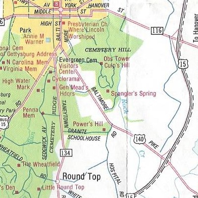 Map showing the route of US 140 in Gettysburg from 1978