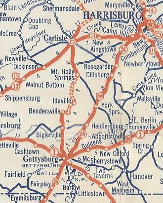 Map showing the proposed route of US 240 in Pennsylvania from 1927