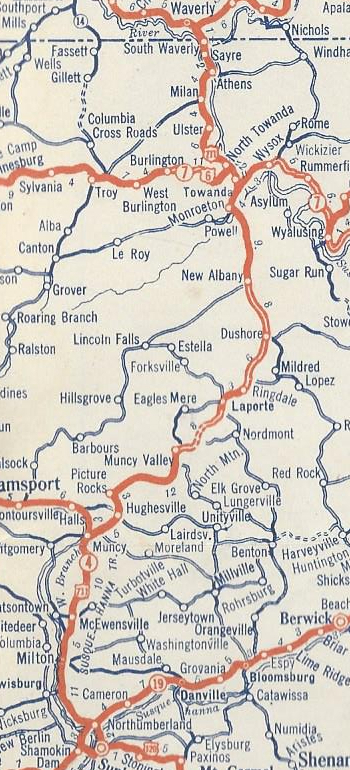 Map showing the proposed route of US 711 in Pennsylvania from 1927