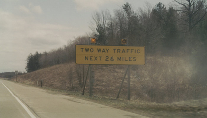 Picture of a sign from the mid-1990s warning then PA 17 is a two-lane expressway